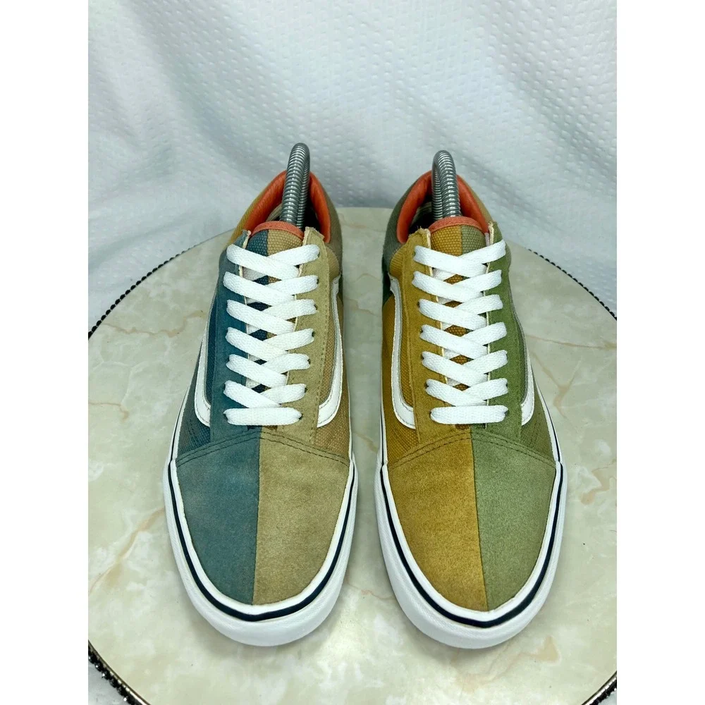 Vans Multi Color Block Skater Shoes Women 8.5 Green Tan Patchwork Retro Sneakers